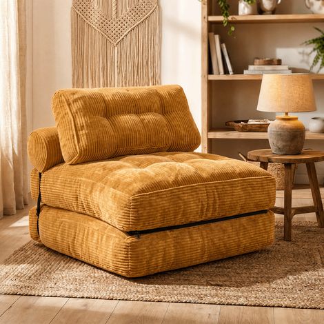 Fabulcozy Canapé Droit 1 Place, 4-en-1 Canapé Convertible Pliable Tissu Côtelé avec Soutien Lombaire Réglable et Appui-Tête à Sangles, Idéal pour Petits Espaces, Salon ou Chambre (Jaune) (1/5)