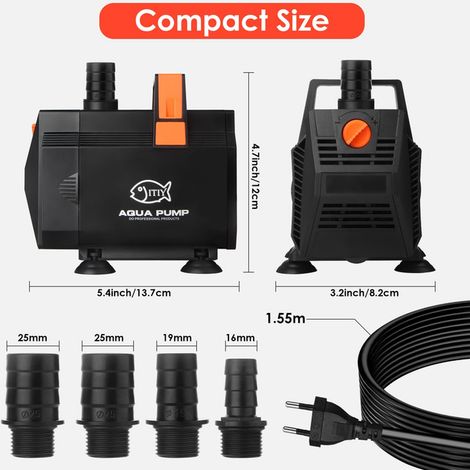 Pompe à Eau Submersible 3500L/H 60W Pompe d'Aquarium Réglable pour Bassin Fontaine Jardin Culture Hydroponique