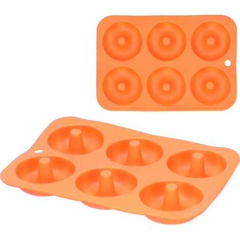 Silikon-Donutform mit 6 Mulden, antihaftbeschichtete runde Schokoladenkuchenform, Backblech, orangefarbenes Backwerkzeug (1/5)