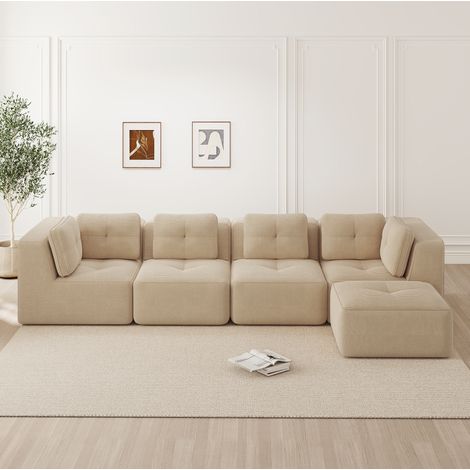 Canapé d'angle modulare 4 places en tissu côtelé beige, assise profonde 74 cm, sans structure rigide (1/5)