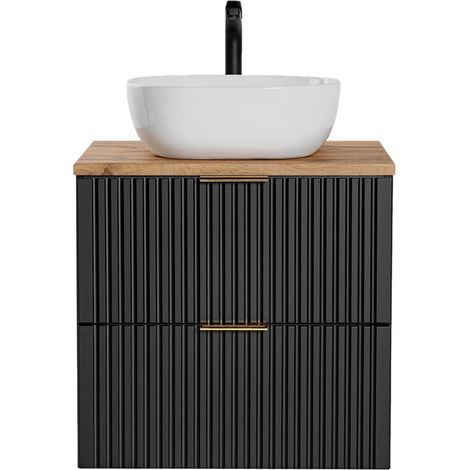 Conjunto de mueble bajo lavabo NOXERA 60 cm – Negro mate y roble – 2 cajones + plan para lavabo + lavabo