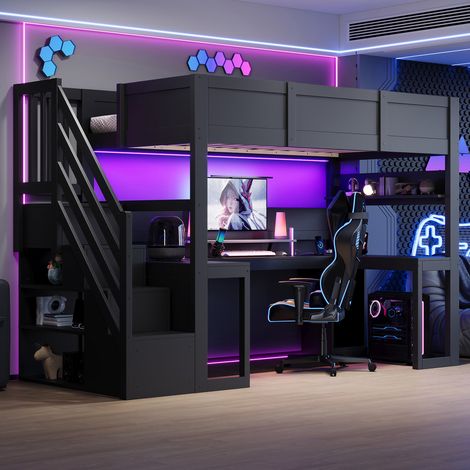 Lit mezzanine gaming 1 place 90 x 200 cm en bois noir, bureau, escalier avec 4 rangements, LED 7 couleurs, port USB, sommier à lattes et garde-corps (1/5)