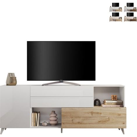 Credenza moderna cucina soggiorno bianca legno 2 ante cassetti Maditha - Rovere - Bianco Lucido