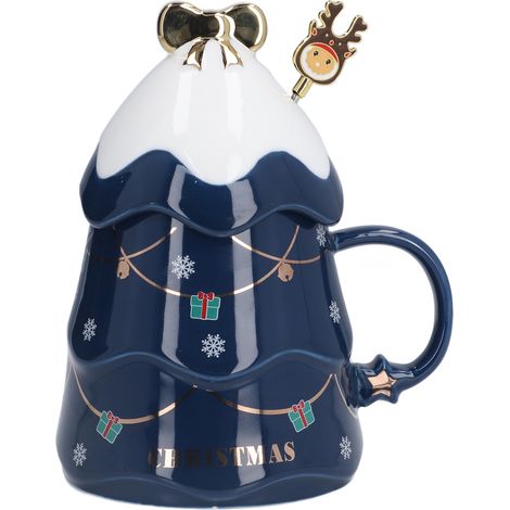 Grande Tasse Céramique de Noël 500ml avec Couvercle et Cuillère - Idée Cadeau Fêtes pour Café, Thé ou Lait (1/5)