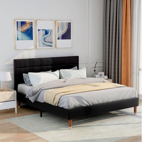 Cama doble tapizada con cabecero y almacenaje negro OKMYHOME (1/5)