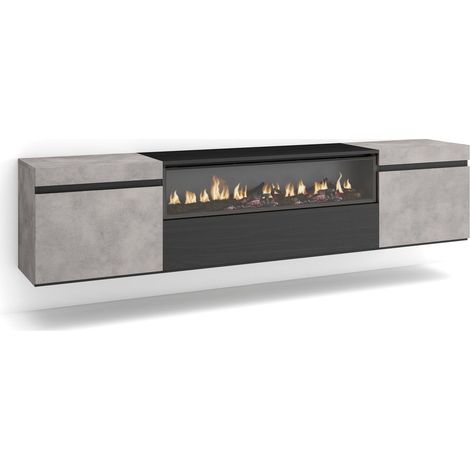 Meuble TV Banc Télé Grand Espace de Rangement 200x45x35cm pour Les TV jusqu'à 80" Cheminée électrique Suspendu, Mural Style Moderne Ciment (1/5)