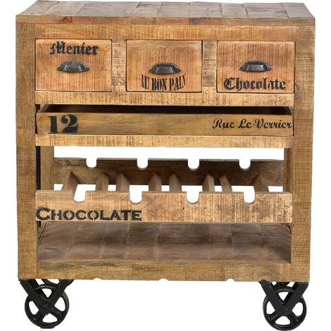 Commode à Vin en Bois de Manguier Recyclé et Métal Noir avec Plateau Amovible et Roulettes - PANGIVO (1/5)