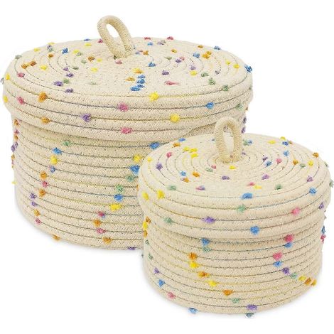 Lot de 2 petits paniers ronds en corde de coton tressée, fibres naturelles, idéaux pour l'organisation de la maison (1/5)