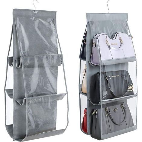 Rangement suspendu pour penderie – 6 compartiments transparents en tissu non tissé gris, système modulable avec sacs anti-poussière (1/4)