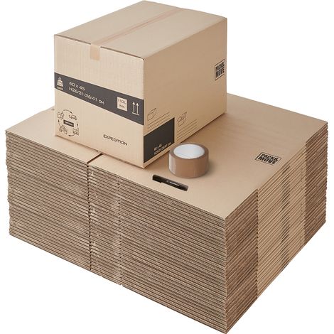 Pack and Move - Lot 45 cartons déménagement hauteur modubale variable, personnalisable - 60 x 45 x 31-41 cm - Poignées renforcées - 1 adhésif offert (1/5)