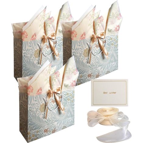 Lot de 3 Pochette Cadeau Papier, Lily Paquet Cadeau avec Anse, Sac Emballage Cadeaux Grand Format, Gift Bag Paquet Luxe Avec Noeud avec Cartes (1/5)