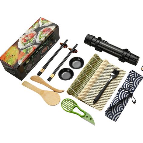 Kit fabrication sushi, avec couteau, 2 nattes, riz et assiette (bambou) (1/5)