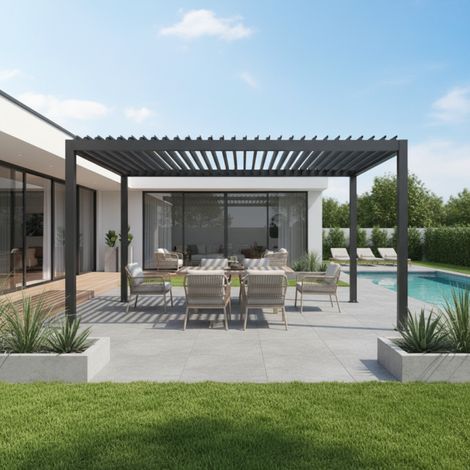 Pergola bioclimatique motorisée 12m2 aluminium anthracite X-Metal (1/5)