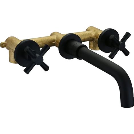 Robinet de salle de bain, design à double poignée, finition brossée, noir mat (1/2)