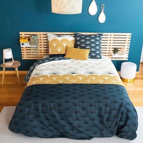Parure de lit 220x240 cm – Housse de couette + 2 taies d'oreiller – Motif floral réversible bleu et jaune – Microfibre anti-plis