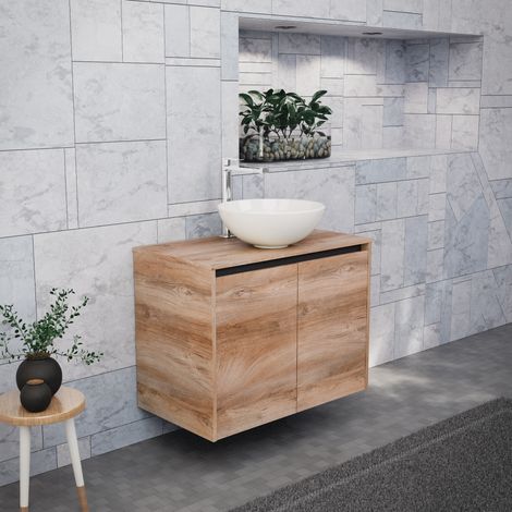 Inda - Badezimmerschrank B.80 mit Aufsatzwaschbecken / Natureiche 2 Türen - Saphir (1/5)