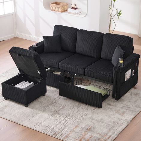 Canapé d'angle,canapé 3 places avec éclairage LED et port USB-C,en velours haut,comprenant un repose-pieds de rangement,des porte-gobelets pratiques et des poches latérales,Noir (1/5)