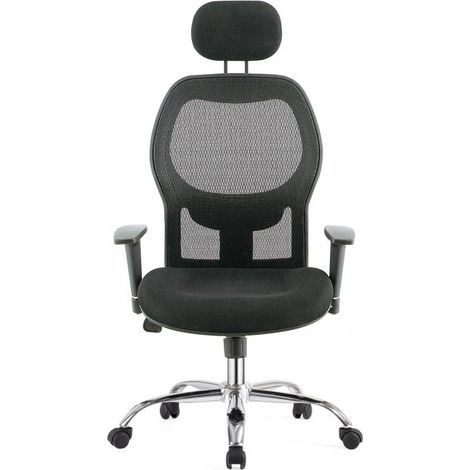 Drehbarer Bürostuhl aus dunkelgrauem Stoff mit verstellbarer Höhe sowie Armlehnen und Kopfstütze