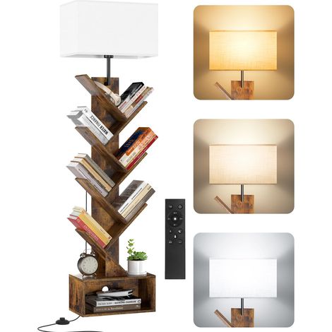 Petite Bibliothèque Arbre en bois sur Pied avec Éclairage, Étagère à 6 Niveaux avec Télécommande et Minuteur, Meuble d’Angle pour Livres, CD et DVD, pour Salon, Chambre, Bureau(Rustic Brown) (1/5)