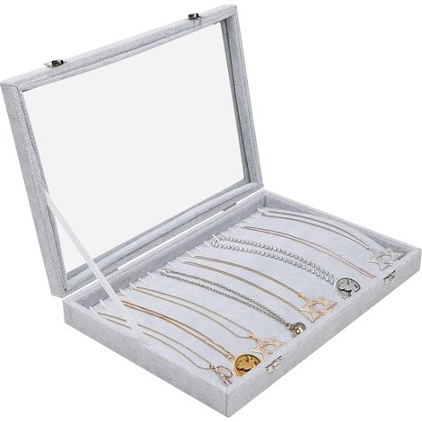 Organisateur de bijoux en velours gris, présentoir de rangement, plateau avec 20 crochets et couvercle en verre verrouillable – Poubelle empilable pour tiroir – Pour colliers, bracelets, boucles d'ore (1/5)