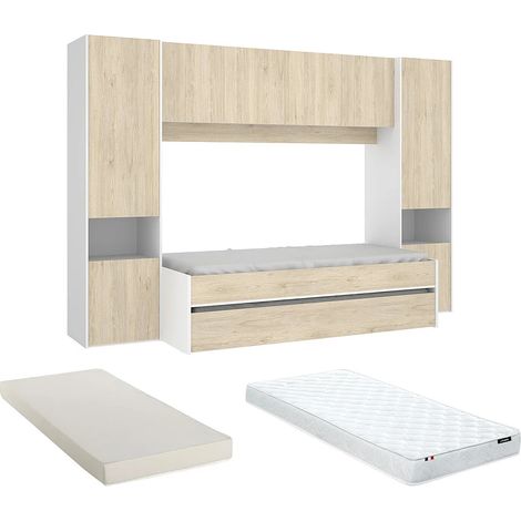Letto a scomparsa con ponte 90 x 190 cm Rovere e Bianco + Materasso - SELENA (1/5)