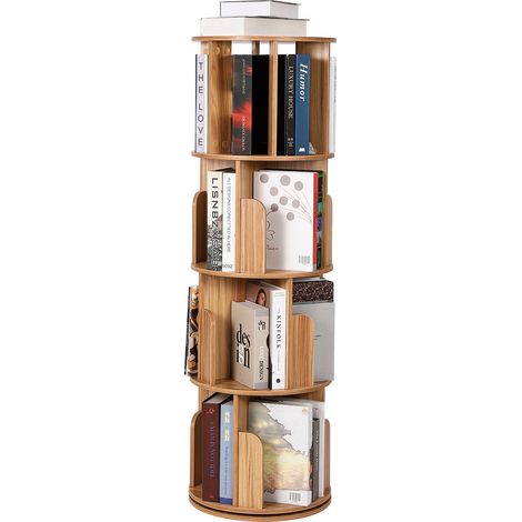Bibliothèque rotative 4 niveaux à 360°, rangement compact gain de place. Idéale pour salon, chambre et espace enfant - Bois naturel (1/5)