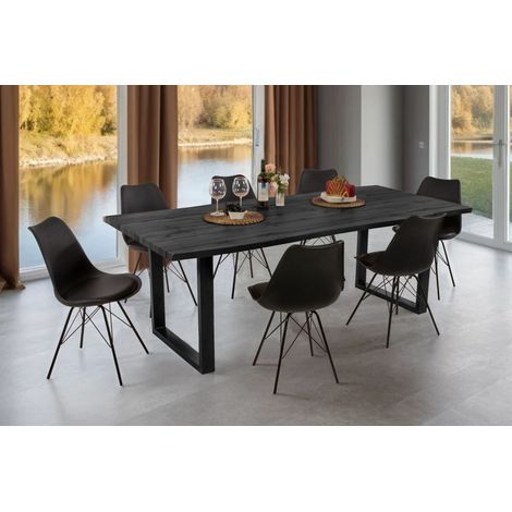 Esstisch Baumkante Holz-Optik Grau 220 x 100 U-Gestell schwarz JOSY (1/4)