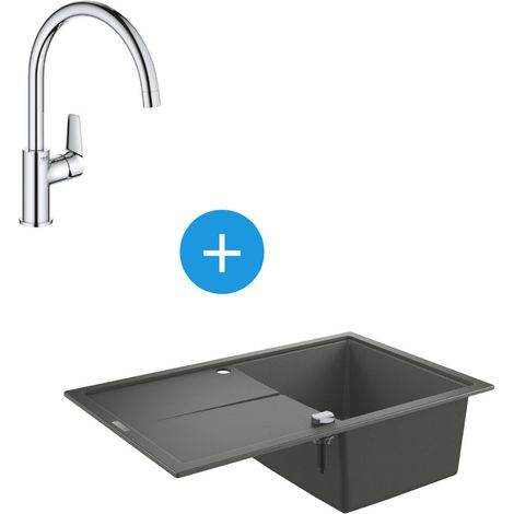 Grohe Set Evier K400 en quartz composite avec égouttoir réversible 780x500 mm, Gris granite + Mitigeur monocommande