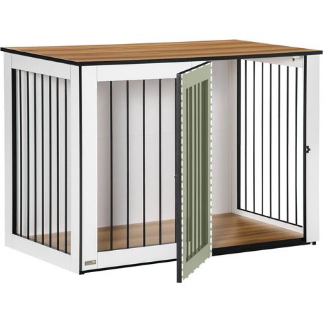 Cage chien aggloméré noyer blanc, 106x60x76 cm, portes verrouillables, intérieur, petit moyen chien (1/5)