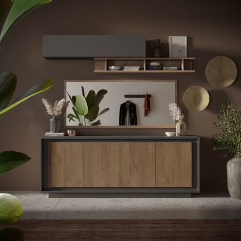 Buffet bas contemporain 4 portes gris lave et noyer YORI (1/5)