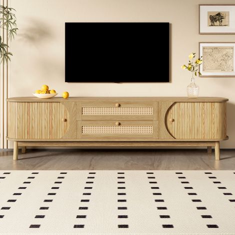 Meuble TV 170x39,5x46 cm avec 2 portes en bois massif et 2 tiroirs en rotin, en MDF, naturel