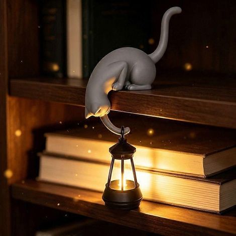 grisLampe lanterne décorative en forme de chat, lampe suspendue avec figurine de chat, lampe d'appoint décorative pour étagère, cadeau unique pour les amoureux des chats (1/5)