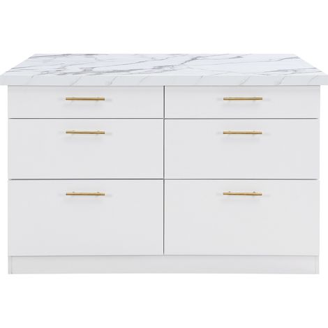 Isola centrale da cucina con 6 cassetti in MDF e Metallo ed Effetto marmo bianco - ALEGRITA (1/4)