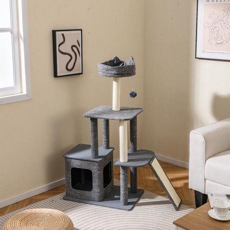 GOPLUS Arbre à Chat 117CM, Arbre a Chat avec Lit Supérieur, Boule Suspendue, Poteau & Rampe à Gratter, Cabine de Repos, 3 Plateformes, Tissu en Lin & Mousse, Gris (117cm)