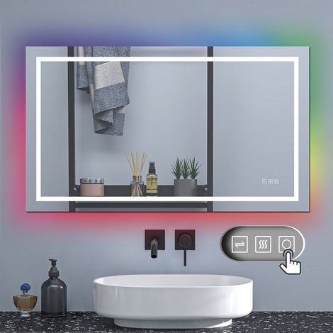 OCEAN Specchio da bagno 100x60cm con LED,RGB illuminazione,Dimmerabile, Antiappannamento,Memoria,IP44, Vetro HD (1/5)