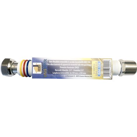 Tubo flexible extensible de gas de acero inoxidable 1/2''  100 / 200 mm unisuper UNI 11353 DM 174 blanco