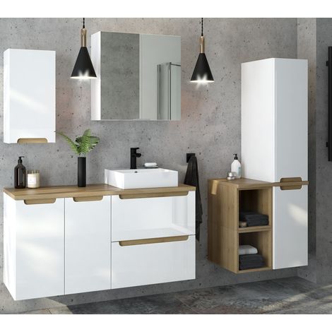 Badmöbel Komplett Set Hochglanz weiß mit Trüffel-Buche SOFIA-107 Keramik-Waschtisch & Spiegelschrank, B/H/T ca. 220/200/46 cm (1/5)