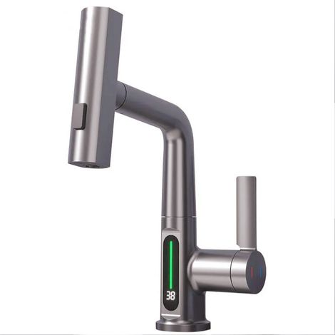 Miscelatore per bagno a LED, in rame, girevole a 360°, con 5 modalità di flusso d'acqua, 60 cm, attacco G1/2, grigio. (1/4)