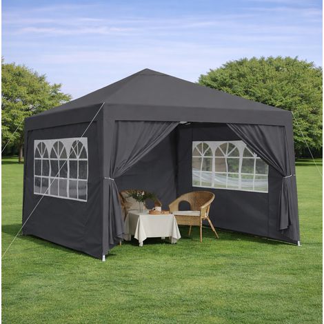 Barnum pliant 300x300 cm noir en métal imperméable avec 4 parois, 4 sacs de sable et protection UV (1/5)