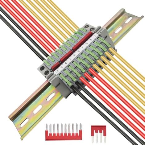 Bornier de Rail DIN,Kit de Bornier, 10 pcs Bornier (Vert herbe), avec Bande de Repérage, Bande de Connexion(2/3/4/5/10pin) et Module Fixe (1/5)