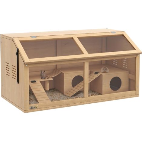 Wooden Hamster Cage for Gerbils and Mice with Suspension Bridge, Openable Top and Hut - 85 x 45 x 44cm Natural Habitat (1/5)