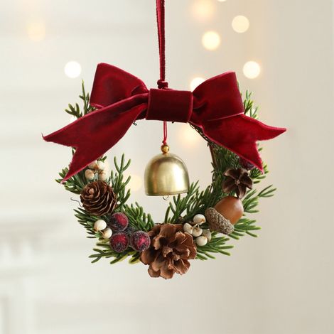 Guirlande De Noël - Couronne Décorative Porte Et Mur - Avec Pommes De Pin, Branches Et Clochettes - 12 X 5 X 10 Cm - 1 Pièce (1/5)