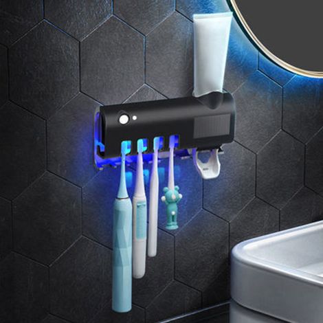 Porte-brosses à dents stérilisateur à rayons UV, distributeur de dentifrice automatique rechargeable à énergie solaire, organisateur mural pour brosses à dents (1/5)