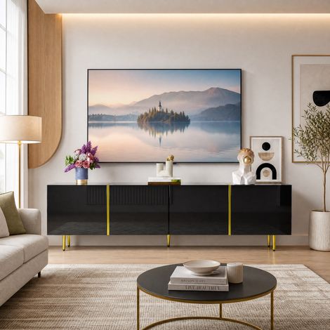JOOKGBD-Meuble TV Moderne 170×35×46cm, Noir Brillant avec Finitions Dorées, 4 Portes à Fermeture Douce, Structure MDF, Grand Rangement, Style Luxueux pour Salon (1/5)