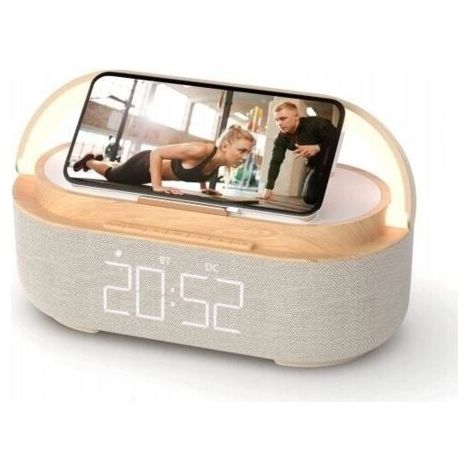 Réveil lumineux digital avec radio FM – Chargeur sans fil 15W – Enceinte Bluetooth – Affichage LED réglable – Support téléphone (1/5)
