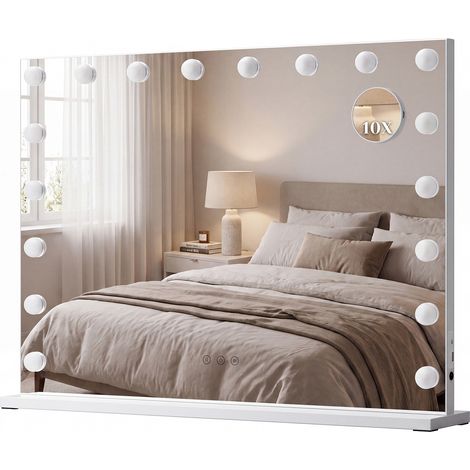 LED Schminkspiegel 80x60 cm – Hollywood Spiegel Kosmetikspiegel mit Beleuchtung, 3 Lichtfarben dimmbar, abnehmbare 10-fach Vergrößerung, Tisch- & Wandspiegel, weiß (1/3)