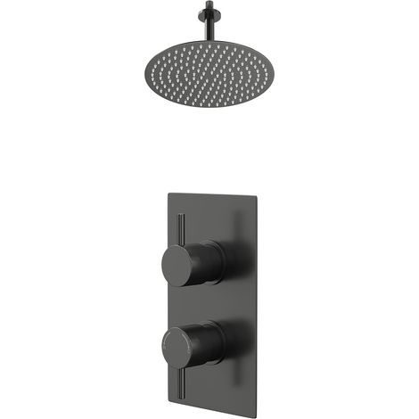 Colore Round Gunmetal Grey Concealed Twin Thermostatic Shower Valve and 300mm Thin Round Fixed Head with 150mm Ceiling Arm - 1 Outlet (1/5)