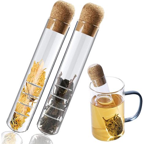 Passoire à thé en verre résistant à la chaleur, lot de 2 avec bouchon en liège, transparente, micro-perforée, infuseur à thé compatible avec la plupart des tasses (15 x 3 cm)