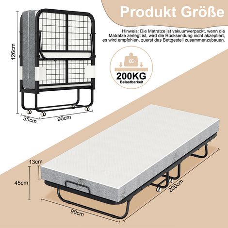 Wolketon 80x190cm Gästebett mit Matratze, auf Rädern, Klappbar, Klappbett bis 120 kg, tragbar (1/4)