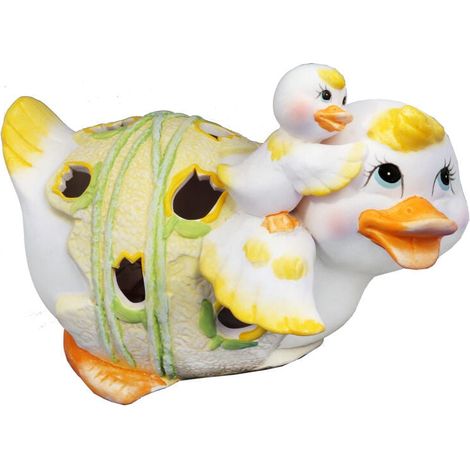 Lanterna di Pasqua - Statuetta in ceramica di anatra e anatroccolo su portacandela, verde, 17 cm
